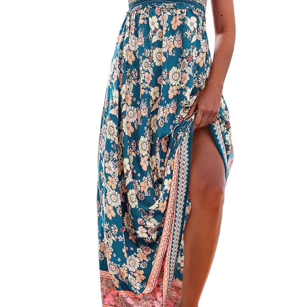 Teal Floral Maxi Skirt with Side Slit
